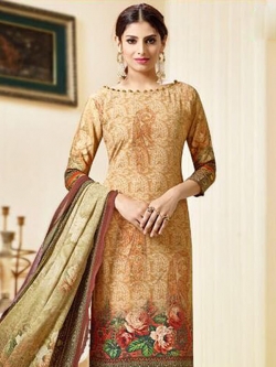 Beige Crepe Printed Straight Pant Suits