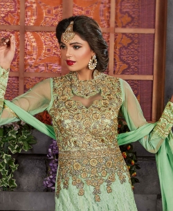 Green Net Jacquard Zari, Thread Work Anarkali Suits