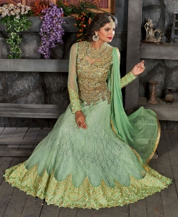 Green Net Jacquard Zari, Thread Work Anarkali Suits