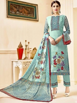 Sky Blue Crepe Printed Straight Pant Suits