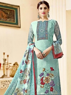 Sky Blue Crepe Printed Straight Pant Suits