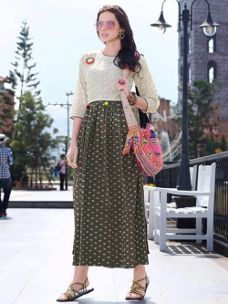 Green Cotton Printed Anarkali Kurtis