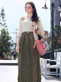 Green Cotton Printed Anarkali Kurtis