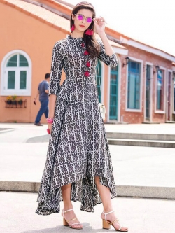 Grey Cotton Printed Anarkali Kurtis
