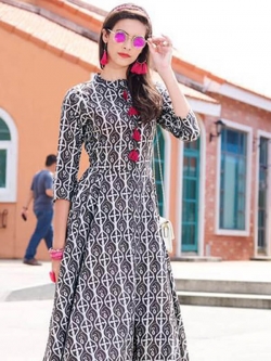 Grey Cotton Printed Anarkali Kurtis