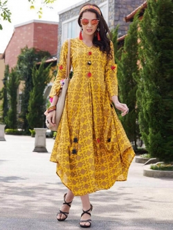 Yellow Cotton Printed Anarkali Kurtis