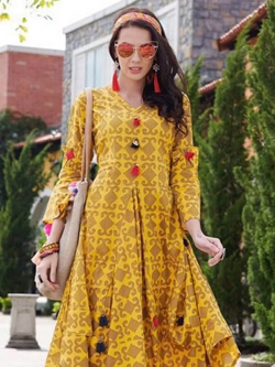 Yellow Cotton Printed Anarkali Kurtis