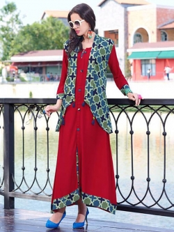 Red Rayon Printed Anarkali Kurtis