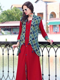 Red Rayon Printed Anarkali Kurtis