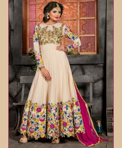 Cream Net Zari, Resham Embroidered, Lace Border, Stone Work Anarkali Suits