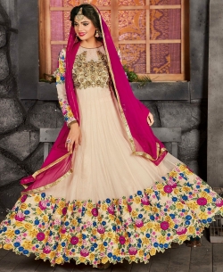 Cream Net Zari, Resham Embroidered, Lace Border, Stone Work Anarkali Suits