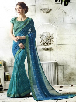 Blue Georgette Printed Half And Half Sarees