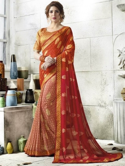 Red Georgette Printed Half And Half Sarees