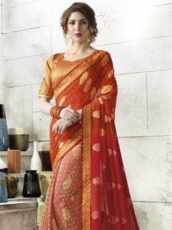 Red Georgette Printed Half And Half Sarees