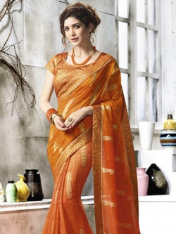 Orange Georgette Printed Half And Half Sarees