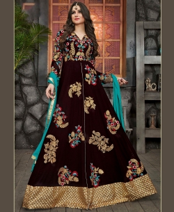 Brown Pure Georgette  Silk Zari, Resham Embroidered, Lace Border, Stone Work Anarkali Suits