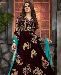 Brown Pure Georgette  Silk Zari, Resham Embroidered, Lace Border, Stone Work Anarkali Suits
