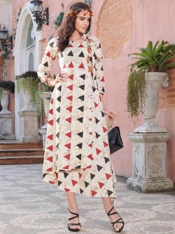 White Cotton Printed Anarkali Kurtis