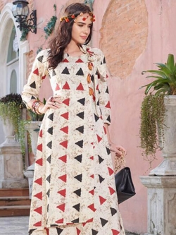 White Cotton Printed Anarkali Kurtis