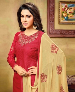 Red Cotton Jacquard Embroidery Straight Suits