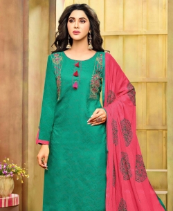 Teal Cotton Jacquard Embroidery Straight Suits