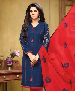 Blue Cotton Jacquard Embroidery Straight Suits