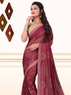 Brown Crepe, Chiffon Printed, Lace Border Regular Sarees