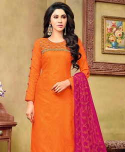 Orange Cotton Jacquard Embroidery Straight Suits
