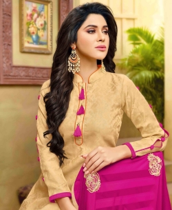 Beige Cotton Jacquard Embroidery Straight Suits