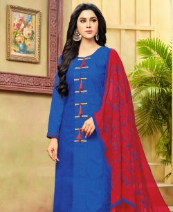 Blue Cotton Jacquard Embroidery Straight Suits