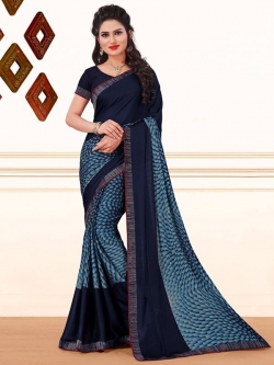 Blue Crepe, Chiffon Printed, Lace Border Regular Sarees