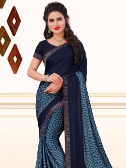 Blue Crepe, Chiffon Printed, Lace Border Regular Sarees