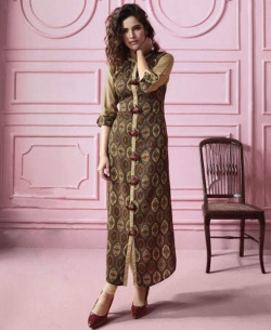 Brown Rayon Printed Straight Cut Kurtis