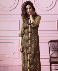 Brown Rayon Printed Straight Cut Kurtis