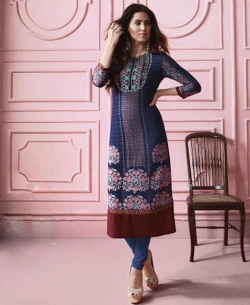 Blue Rayon Printed Straight Cut Kurtis