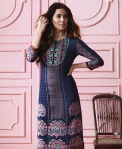 Blue Rayon Printed Straight Cut Kurtis