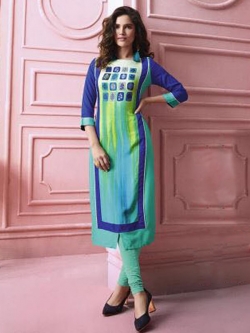 Blue Rayon Printed Straight Cut Kurtis