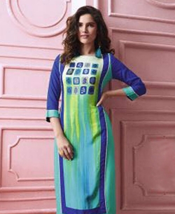 Blue Rayon Printed Straight Cut Kurtis
