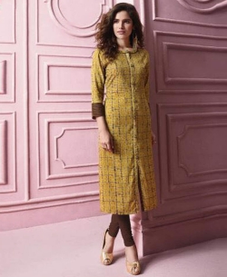 Yellow Rayon Printed Straight Cut Kurtis