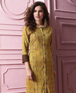 Yellow Rayon Printed Straight Cut Kurtis