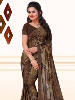 Brown Crepe, Chiffon Printed, Lace Border Regular Sarees