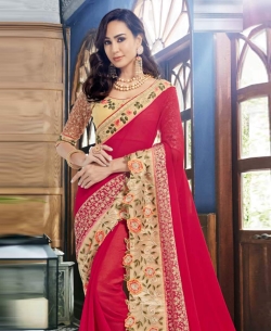 Red Georgette Stone Work Border Sarees
