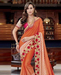 Orange Georgette Stone Work Border Sarees