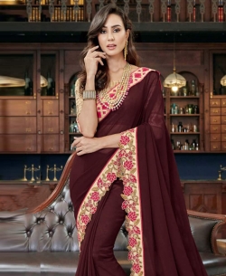 Brown Georgette Stone Work Border Sarees