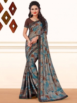 Grey Crepe, Chiffon Printed, Lace Border Regular Sarees