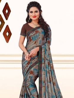 Grey Crepe, Chiffon Printed, Lace Border Regular Sarees