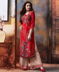 Red Rayon Printed Palazzo Suits