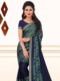 Blue And Green Crepe, Chiffon Printed, Lace Border Regular Sarees