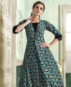 Blue Rayon Printed Anarkali Kurtis