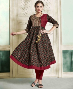 Black Rayon Printed Anarkali Kurtis